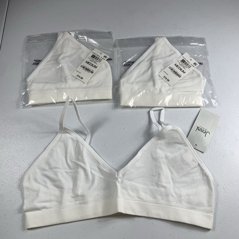 Jenni Womens Bralette Bra Set of 3 Light Support Low Scoop Neck White Pullover M